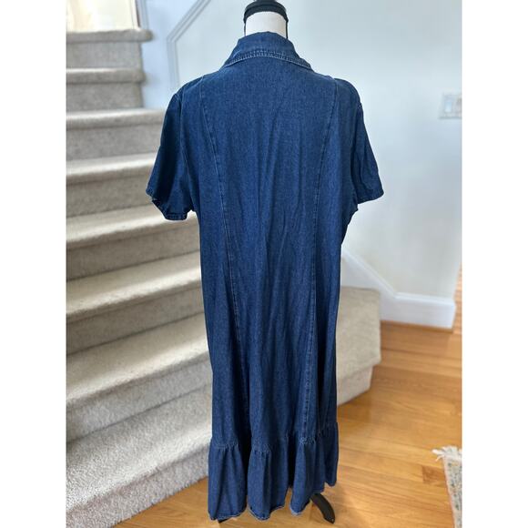 Denim Button Front Shirt Dress Flutter Hem Short Sleeve Maxi Dress Western Boho - Picture 3 of 8